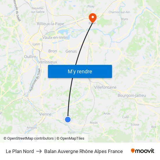 Le Plan Nord to Balan Auvergne Rhône Alpes France map