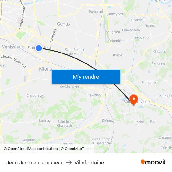 Jean-Jacques Rousseau to Villefontaine map