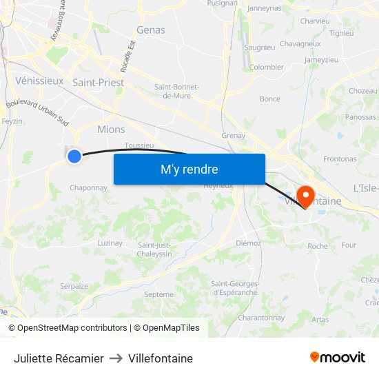 Juliette Récamier to Villefontaine map