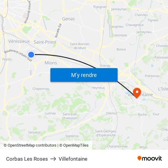 Corbas Les Roses to Villefontaine map