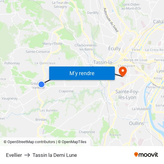 Evellier to Tassin la Demi Lune map