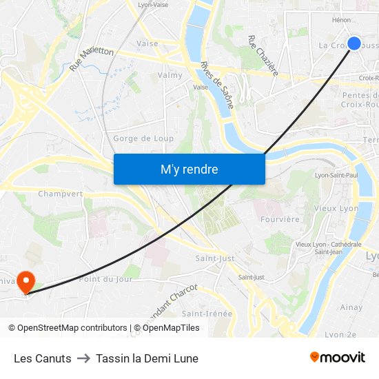 Les Canuts to Tassin la Demi Lune map