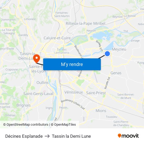 Décines Esplanade to Tassin la Demi Lune map