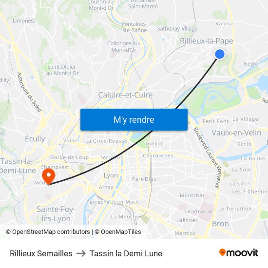 Rillieux Semailles to Tassin la Demi Lune map