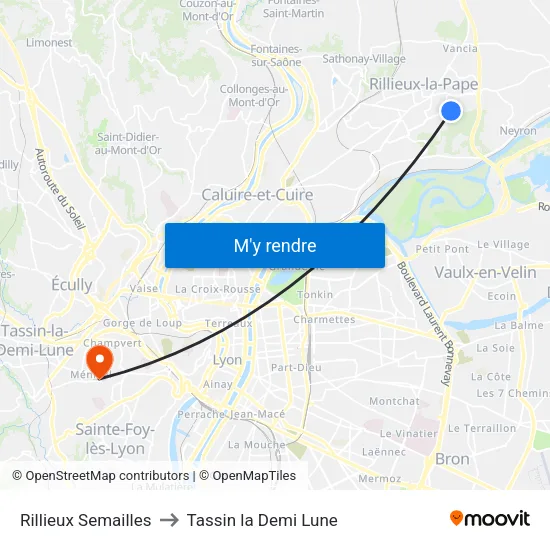 Rillieux Semailles to Tassin la Demi Lune map