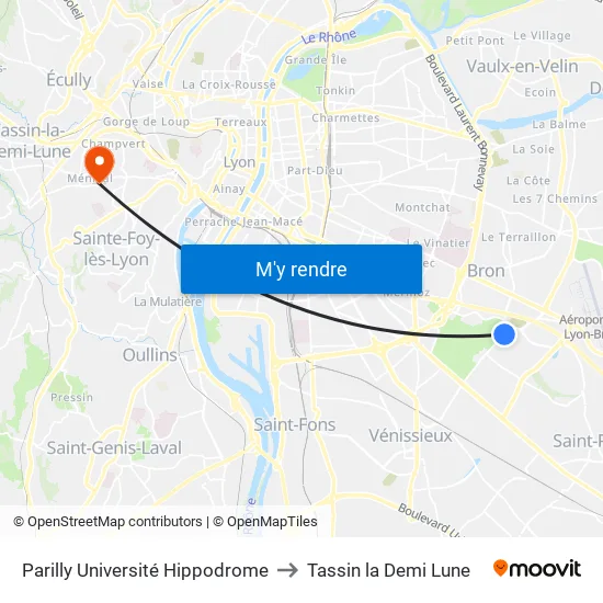 Parilly Université Hippodrome to Tassin la Demi Lune map