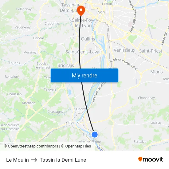 Le Moulin to Tassin la Demi Lune map