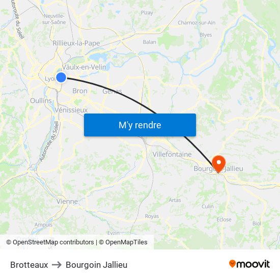 Brotteaux to Bourgoin Jallieu map