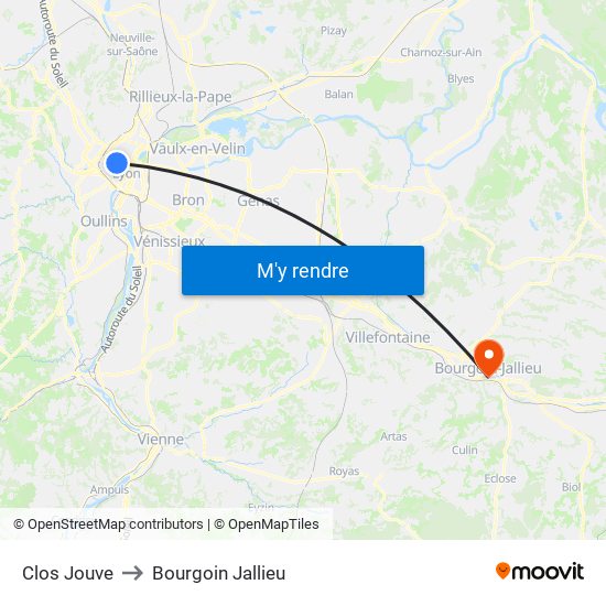 Clos Jouve to Bourgoin Jallieu map