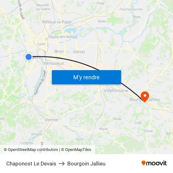 Chaponost Le Devais to Bourgoin Jallieu map