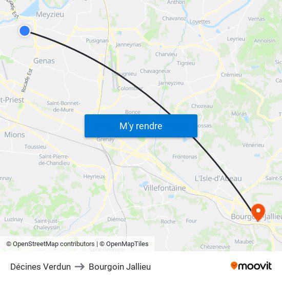 Décines Verdun to Bourgoin Jallieu map