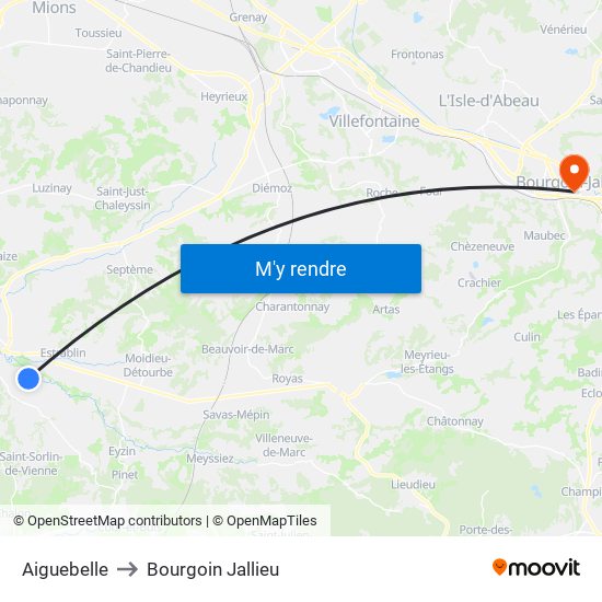 Aiguebelle to Bourgoin Jallieu map