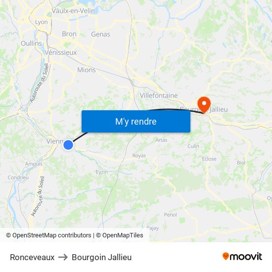 Ronceveaux to Bourgoin Jallieu map