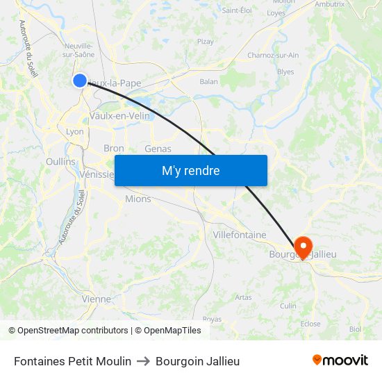 Fontaines Petit Moulin to Bourgoin Jallieu map