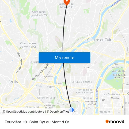 Fourvière to Saint Cyr au Mont d Or map
