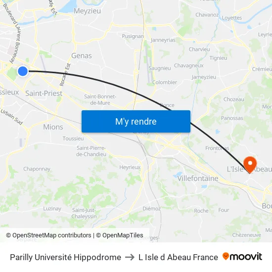 Parilly Université Hippodrome to L Isle d Abeau France map