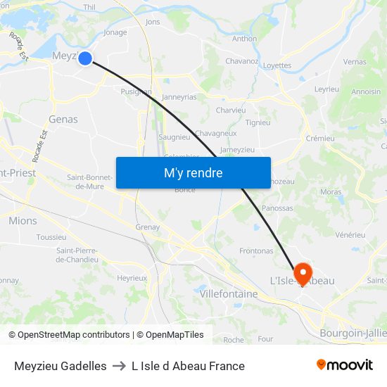 Meyzieu Gadelles to L Isle d Abeau France map