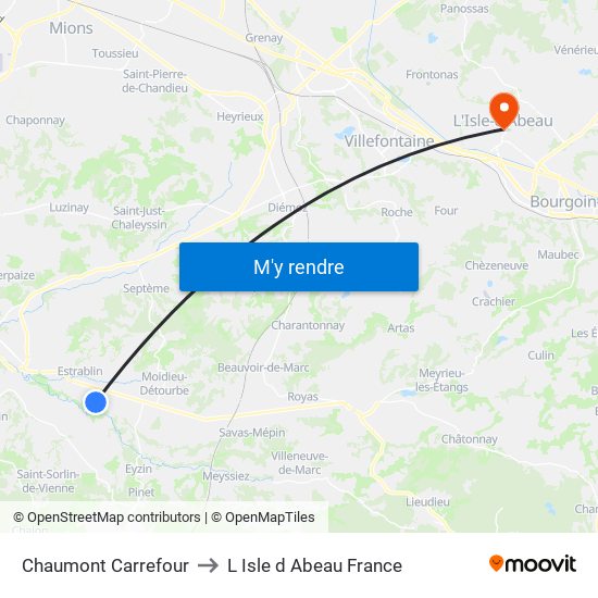 Chaumont Carrefour to L Isle d Abeau France map