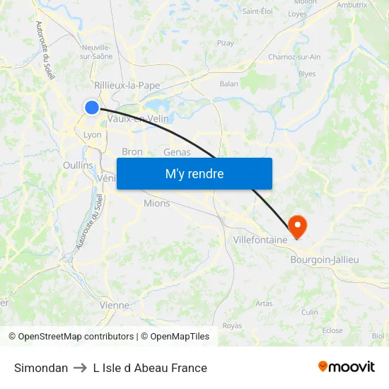 Simondan to L Isle d Abeau France map
