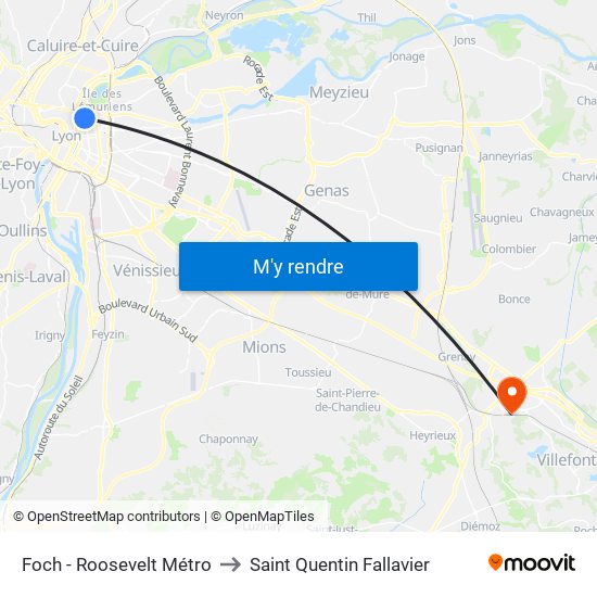 Foch - Roosevelt Métro to Saint Quentin Fallavier map