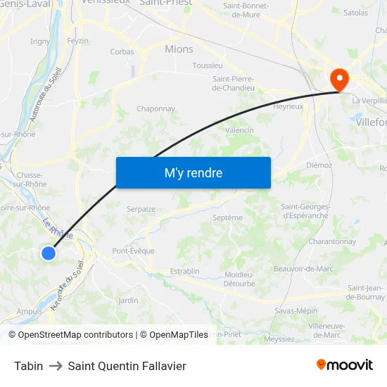 Tabin to Saint Quentin Fallavier map