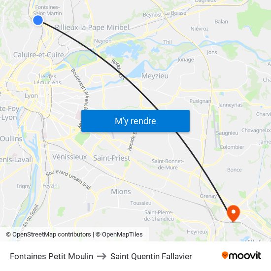 Fontaines Petit Moulin to Saint Quentin Fallavier map