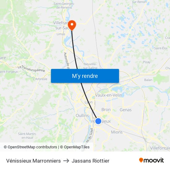 Vénissieux Marronniers to Jassans Riottier map