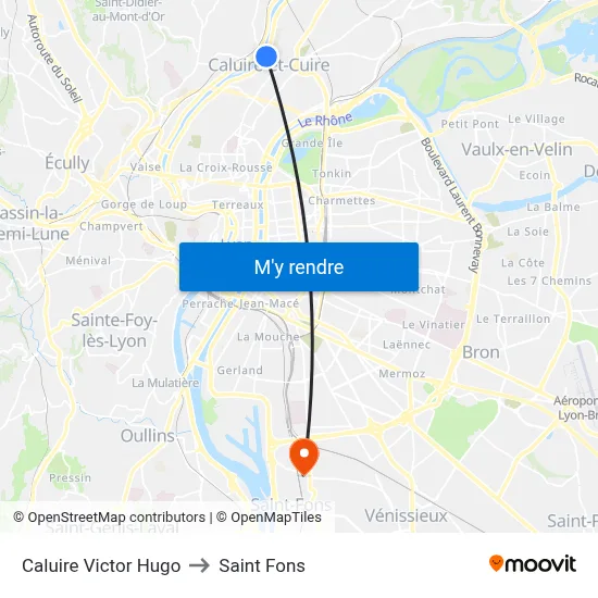 Caluire Victor Hugo to Saint Fons map