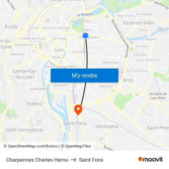 Charpennes Charles Hernu to Saint Fons map