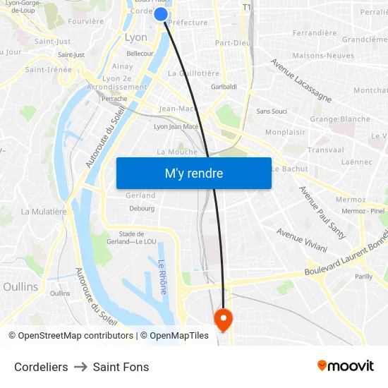 Cordeliers to Saint Fons map