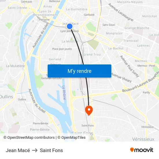 Jean Macé to Saint Fons map