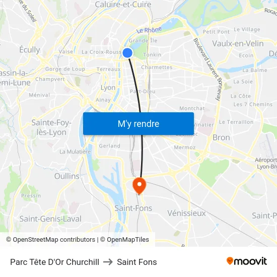 Parc Tête D'Or Churchill to Saint Fons map