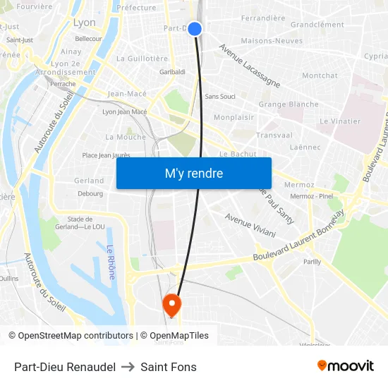 Part-Dieu Renaudel to Saint Fons map