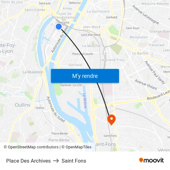 Place Des Archives to Saint Fons map