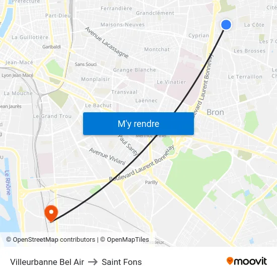 Villeurbanne Bel Air to Saint Fons map