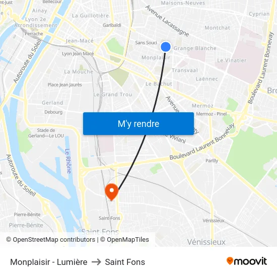 Monplaisir - Lumière to Saint Fons map