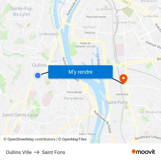 Oullins Ville to Saint Fons map