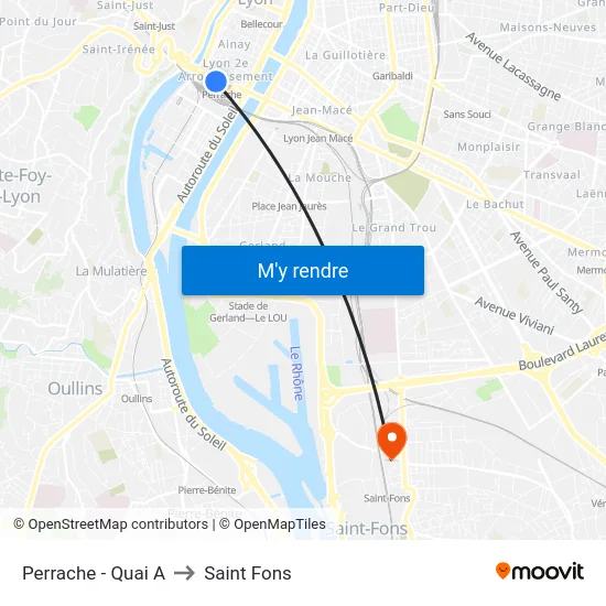 Perrache - Quai A to Saint Fons map