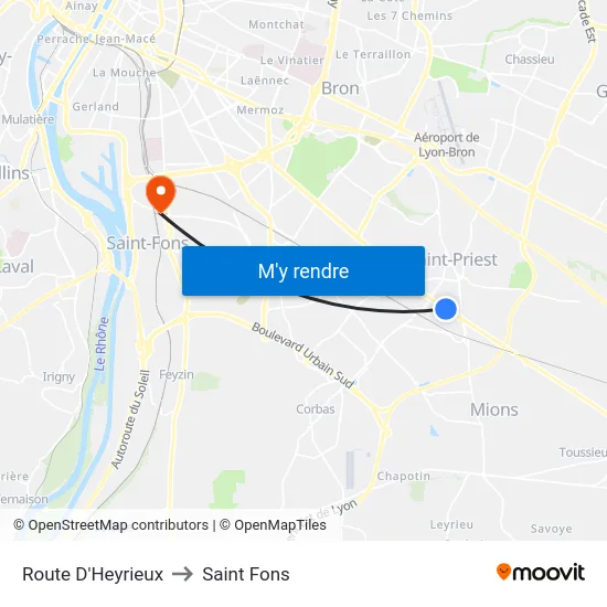 Route D'Heyrieux to Saint Fons map