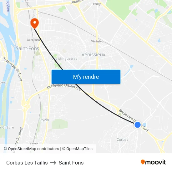 Corbas Les Taillis to Saint Fons map