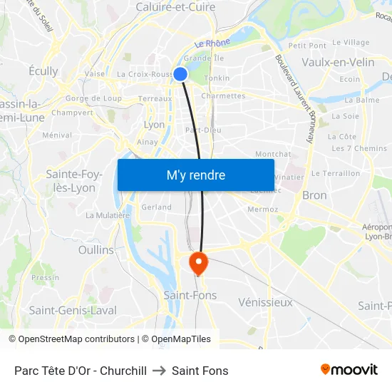 Parc Tête D'Or - Churchill to Saint Fons map