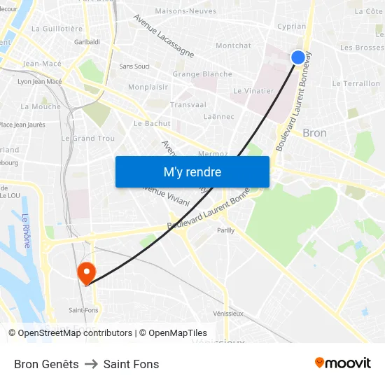Bron Genêts to Saint Fons map