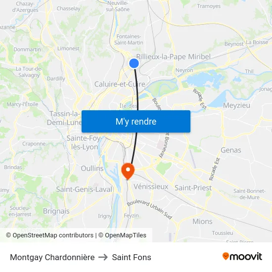 Montgay Chardonnière to Saint Fons map