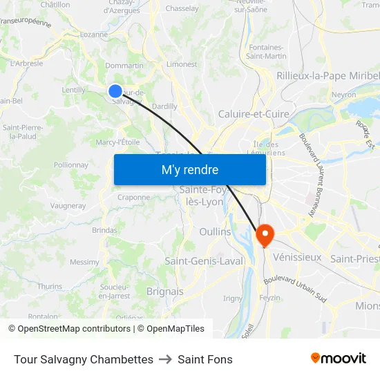 Tour Salvagny Chambettes to Saint Fons map