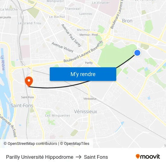 Parilly Université Hippodrome to Saint Fons map