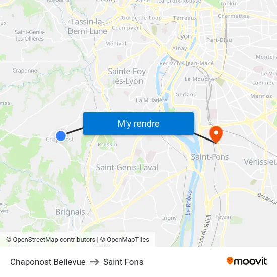 Chaponost Bellevue to Saint Fons map