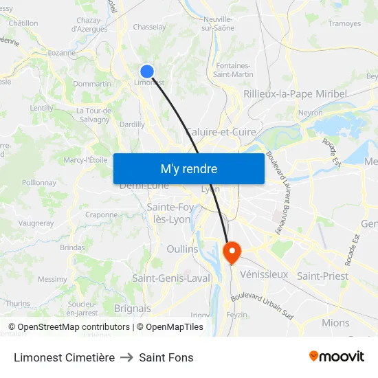 Limonest Cimetière to Saint Fons map