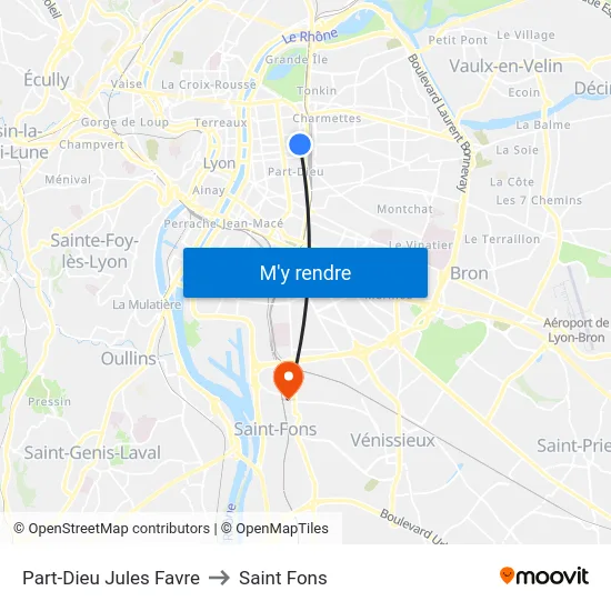 Part-Dieu Jules Favre to Saint Fons map
