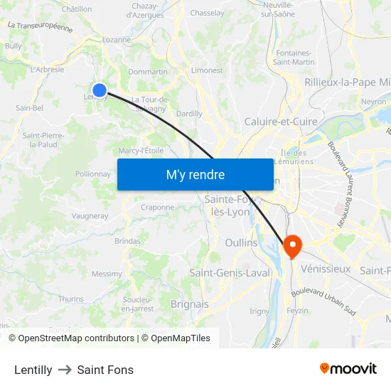 Lentilly to Saint Fons map