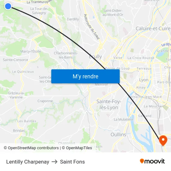 Lentilly Charpenay to Saint Fons map